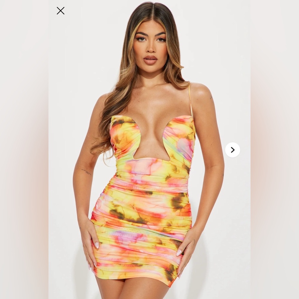 Fashion Nova Yellow Pink Orange Tie-Dye Plunge Mini Dress